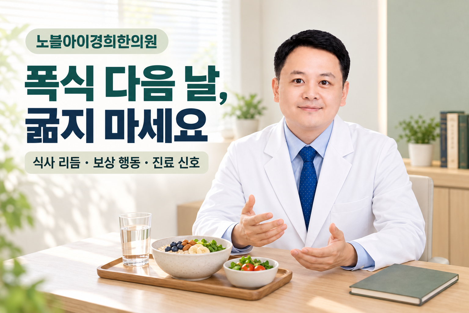 신민우 대표원장이 다이어트 중 폭식 다음 날의 식사 리듬과 진료 신호를 차분히 설명하는 교육용 상담 장면