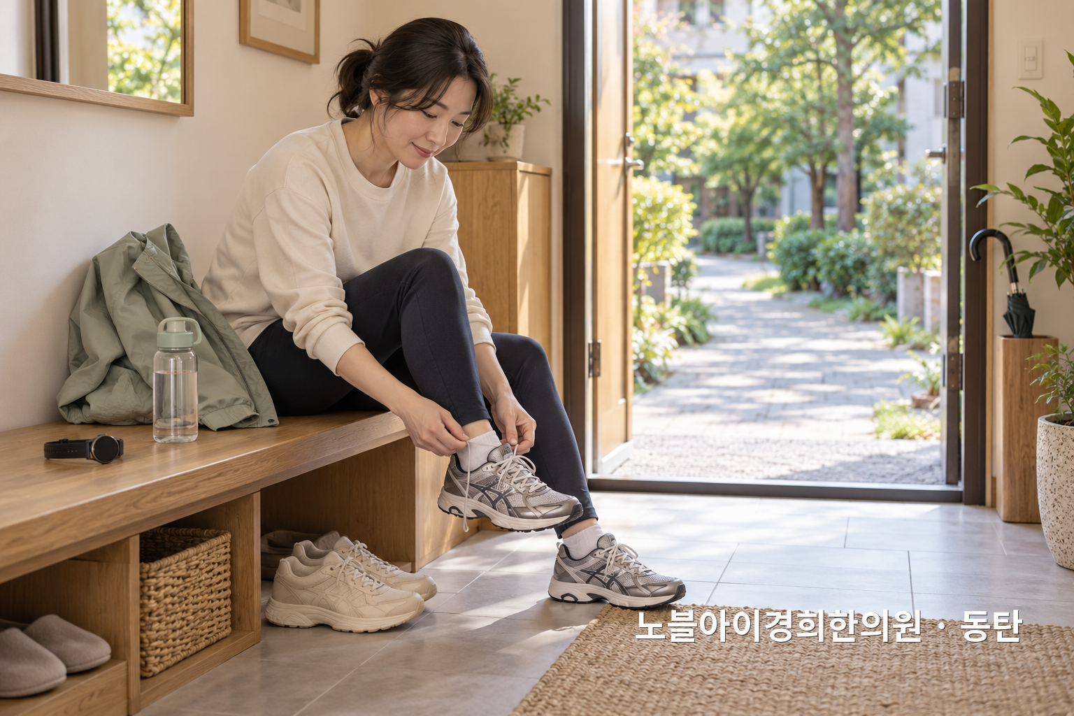 한 사람이 과한 운동 대신 편안한 운동화와 물을 챙겨 짧은 산책을 준비하는 교육용 생활 장면