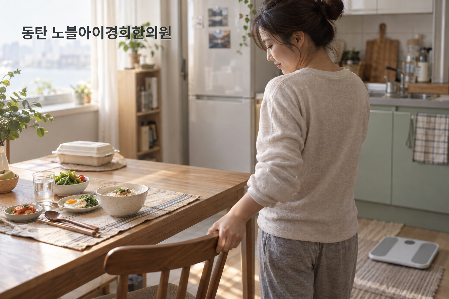 폭식 다음 날 아침 한 사람이 체중계에서 물러나 평범한 아침 식사를 준비하는 교육용 생활 장면