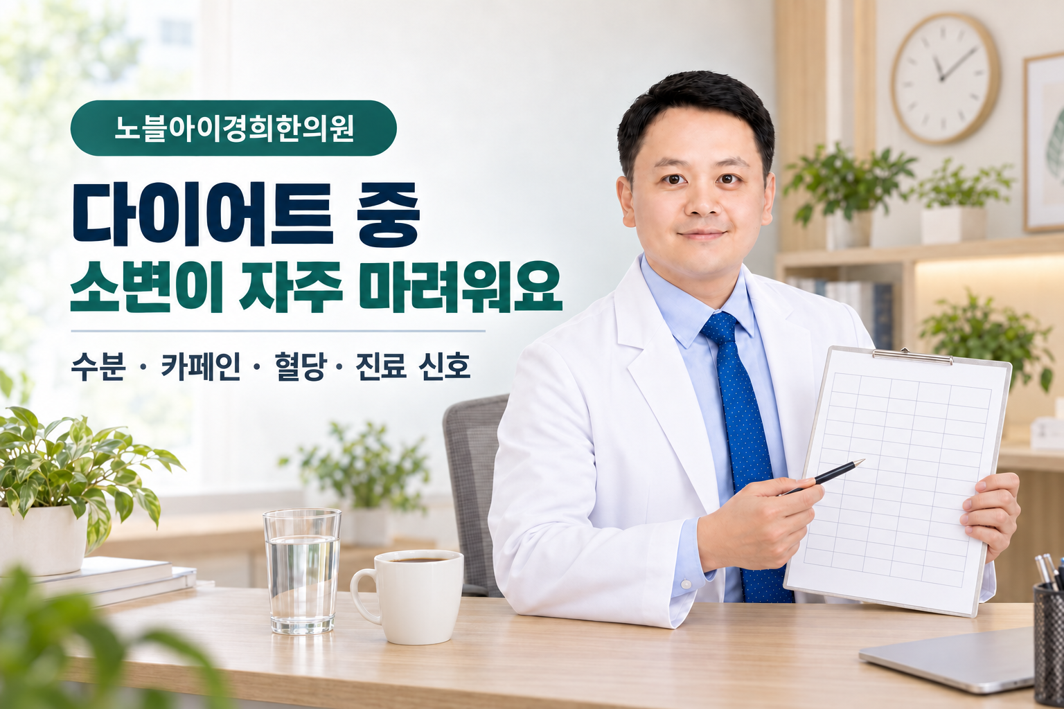 신민우 대표원장이 물병과 빈 기록표를 두고 다이어트 중 잦은 소변의 확인 순서를 설명하는 교육용 상담 장면
