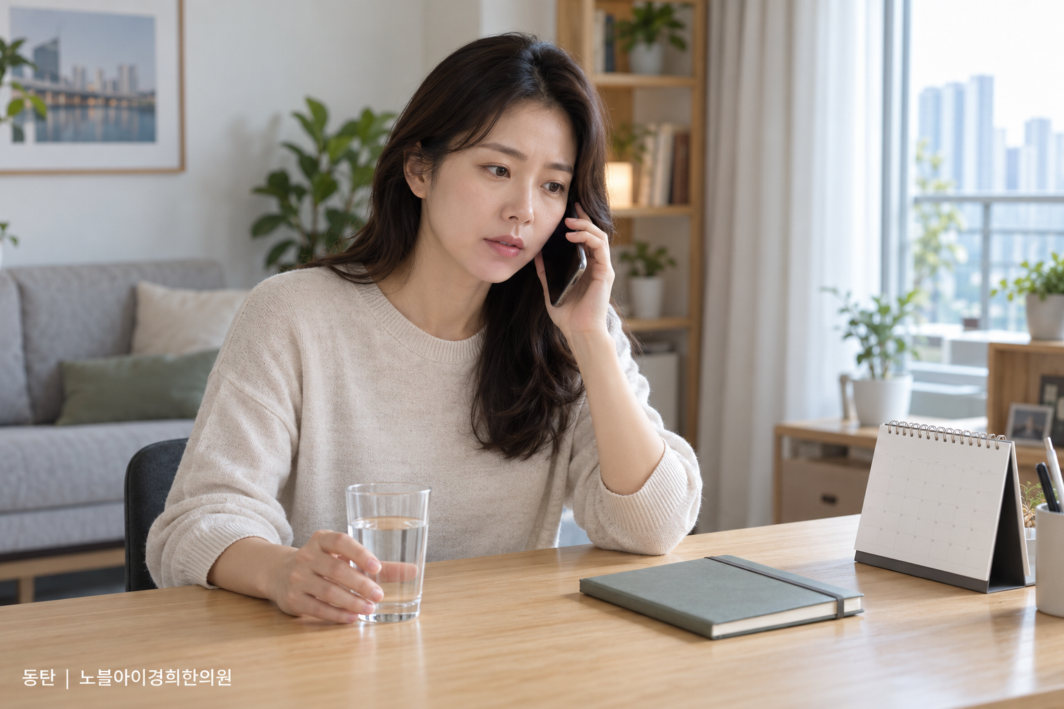 한 사람이 물을 마셔도 이어지는 갈증과 피로를 느껴 혈당검사 상담을 준비하는 교육용 생활 장면