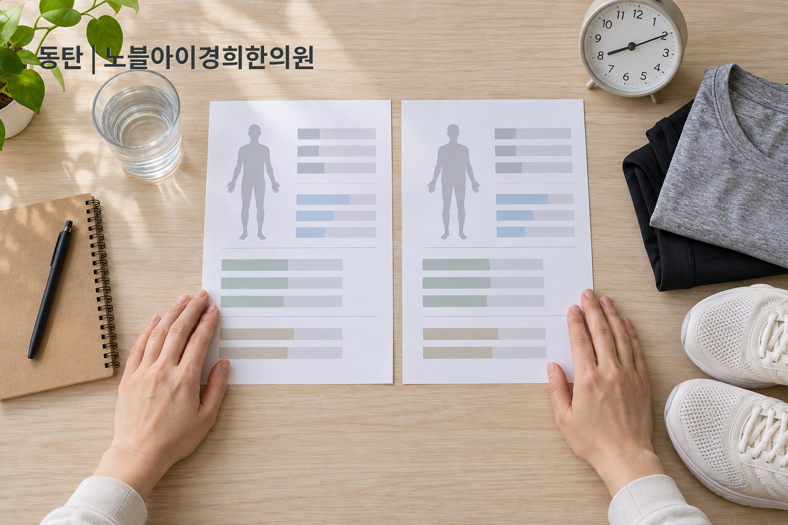 두 장의 빈 체성분 기록지를 물·시계·운동복과 함께 놓고 같은 측정 조건을 비교하는 교육용 장면