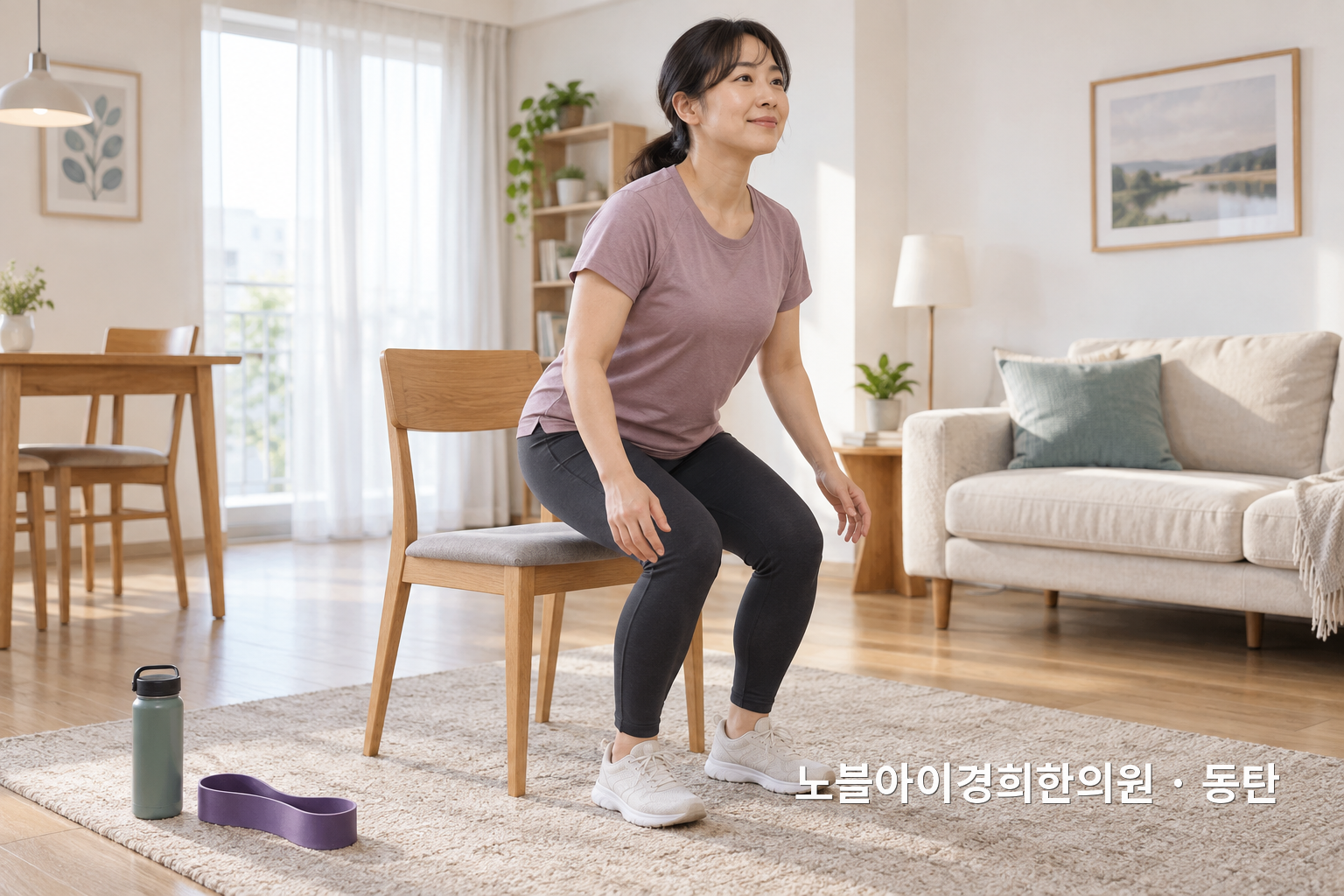 가상 성인이 집에서 의자 일어서기로 근력과 일상 기능 변화를 살펴보는 교육용 생활 장면