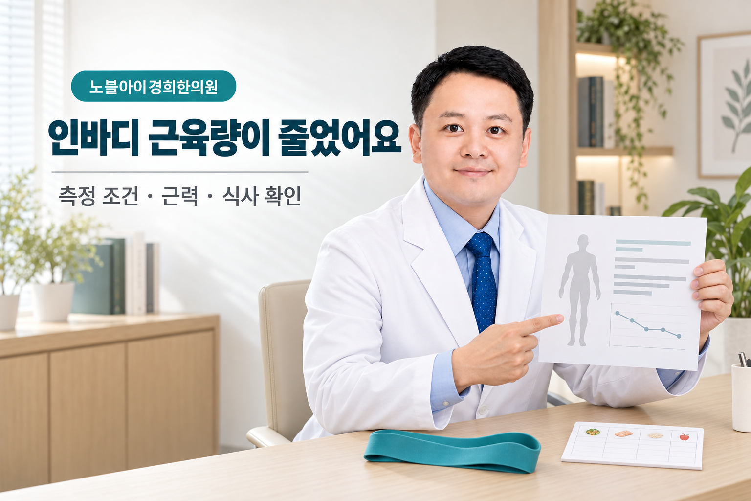 신민우 대표원장이 빈 체성분 기록지와 저항밴드를 두고 다이어트 중 인바디 근육량 감소의 확인 순서를 설명하는 교육용 상담 장면
