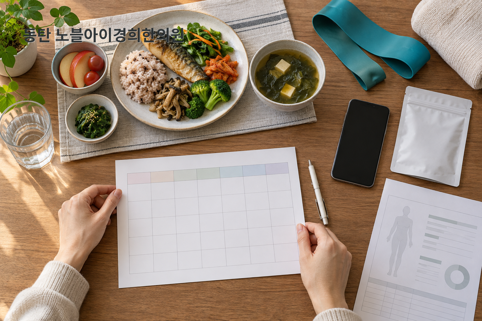 균형 잡힌 식사와 저항밴드·빈 주간 기록지·체성분 결과지를 함께 놓고 상담을 준비하는 교육용 장면
