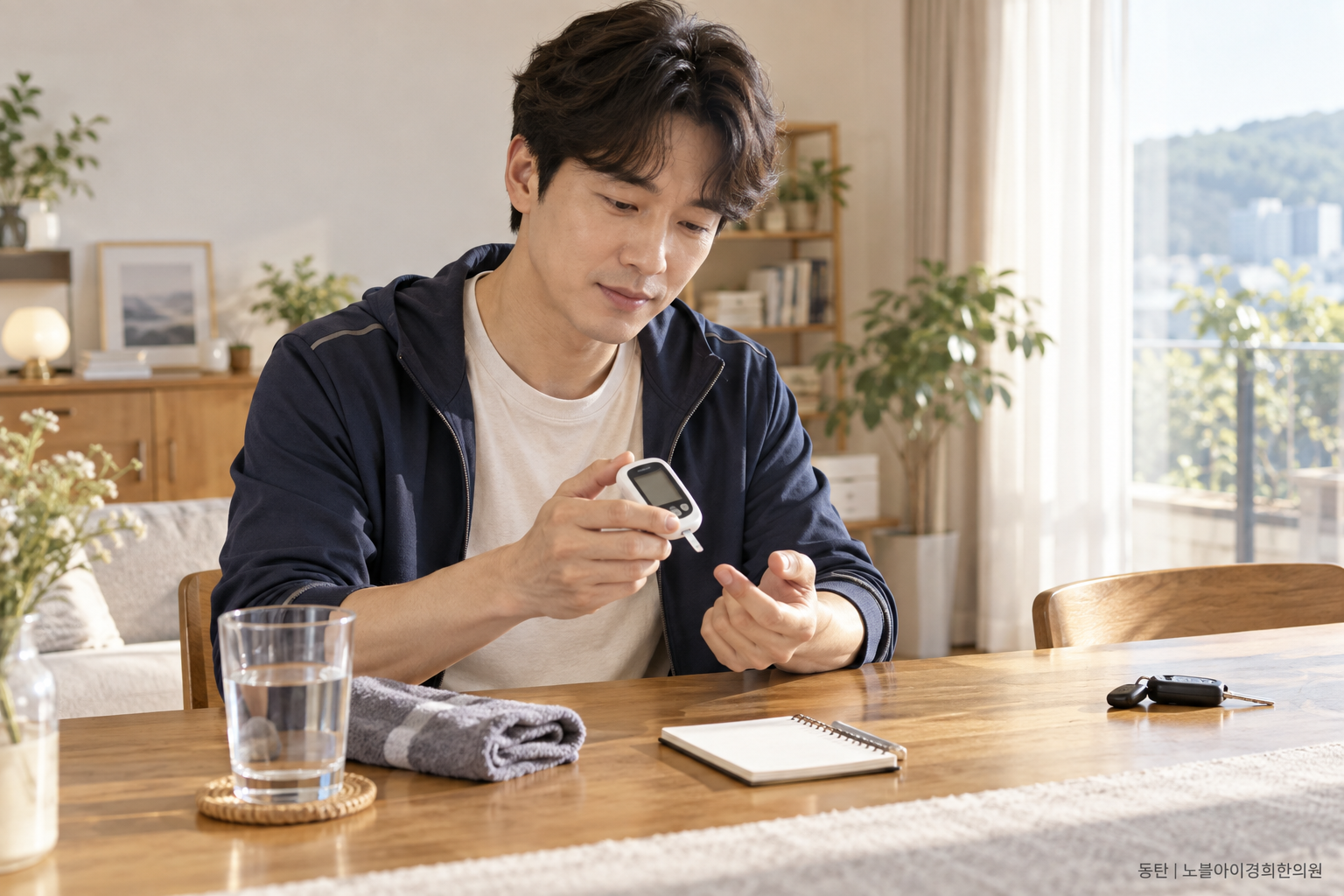 가상 성인이 운동이나 운전을 이어가기 전에 안전하게 앉아 혈당을 확인하는 교육용 생활 장면
