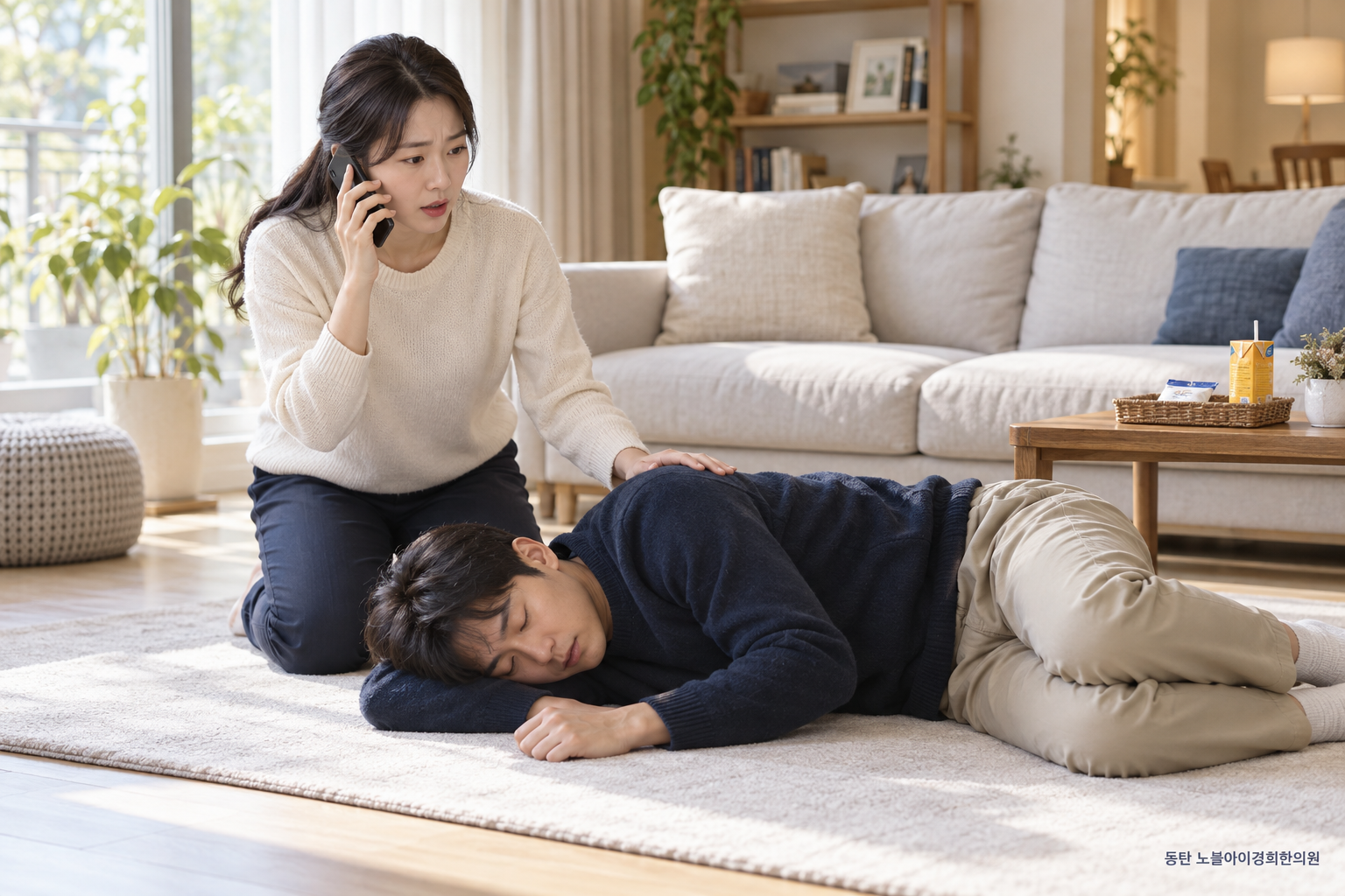 가상 보호자가 삼키기 어려운 사람에게 음식물을 주지 않고 119에 연락하며 안전하게 곁을 지키는 교육용 장면