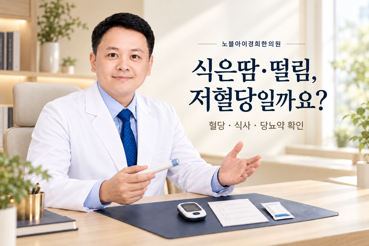 신민우 대표원장이 혈당 측정기와 빈 복용 기록을 두고 비만치료 주사 중 식은땀과 떨림의 확인 순서를 설명하는 교육용 상담 장면