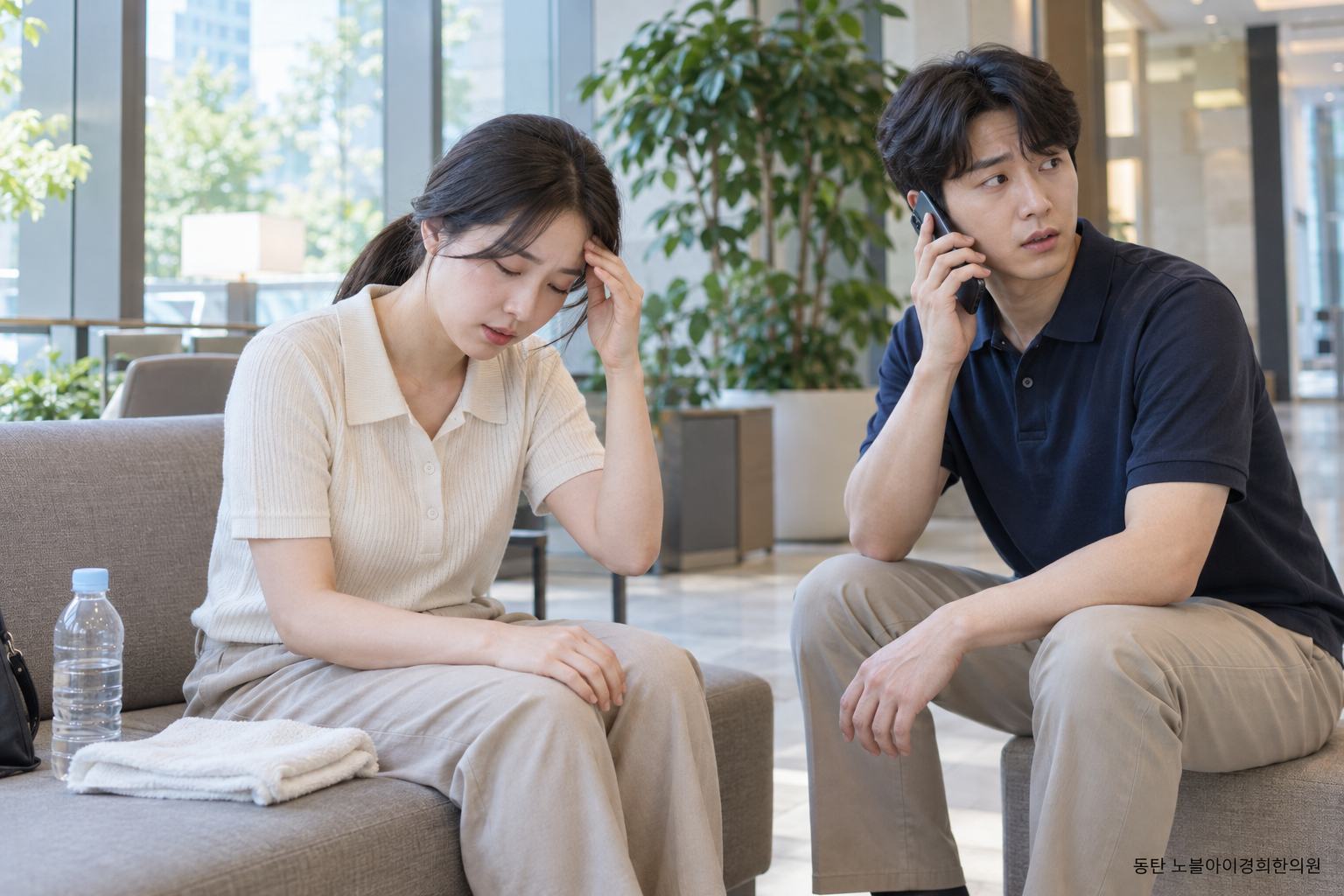 열 노출 뒤 어지러운 가상 성인이 시원한 공간에 안전하게 앉고 동행인이 전화로 도움을 요청하는 교육용 장면
