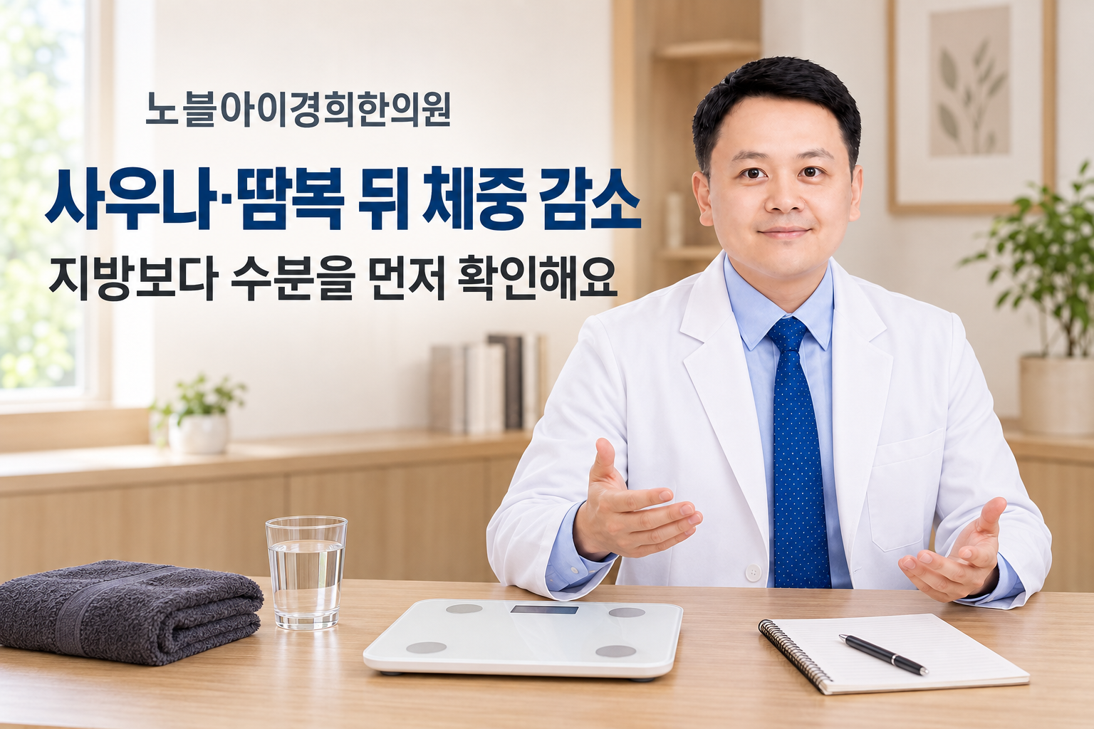 신민우 대표원장이 체중계와 물, 수건, 빈 기록지를 두고 사우나와 땀복 뒤 체중 감소를 설명하는 교육용 상담 장면